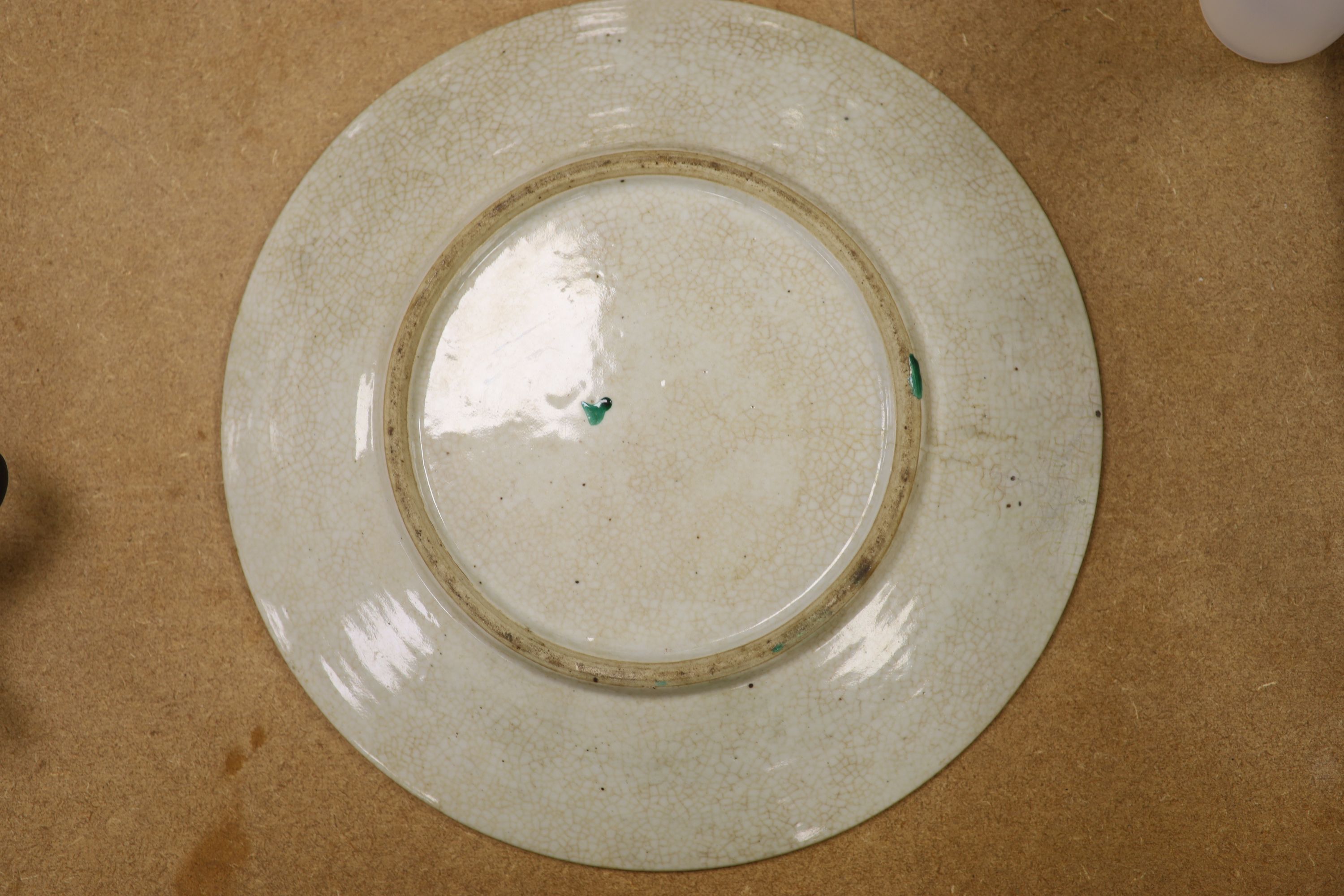 A 19th century Chinese famille verte crackle glaze dish and wood stand, diameter 35cm